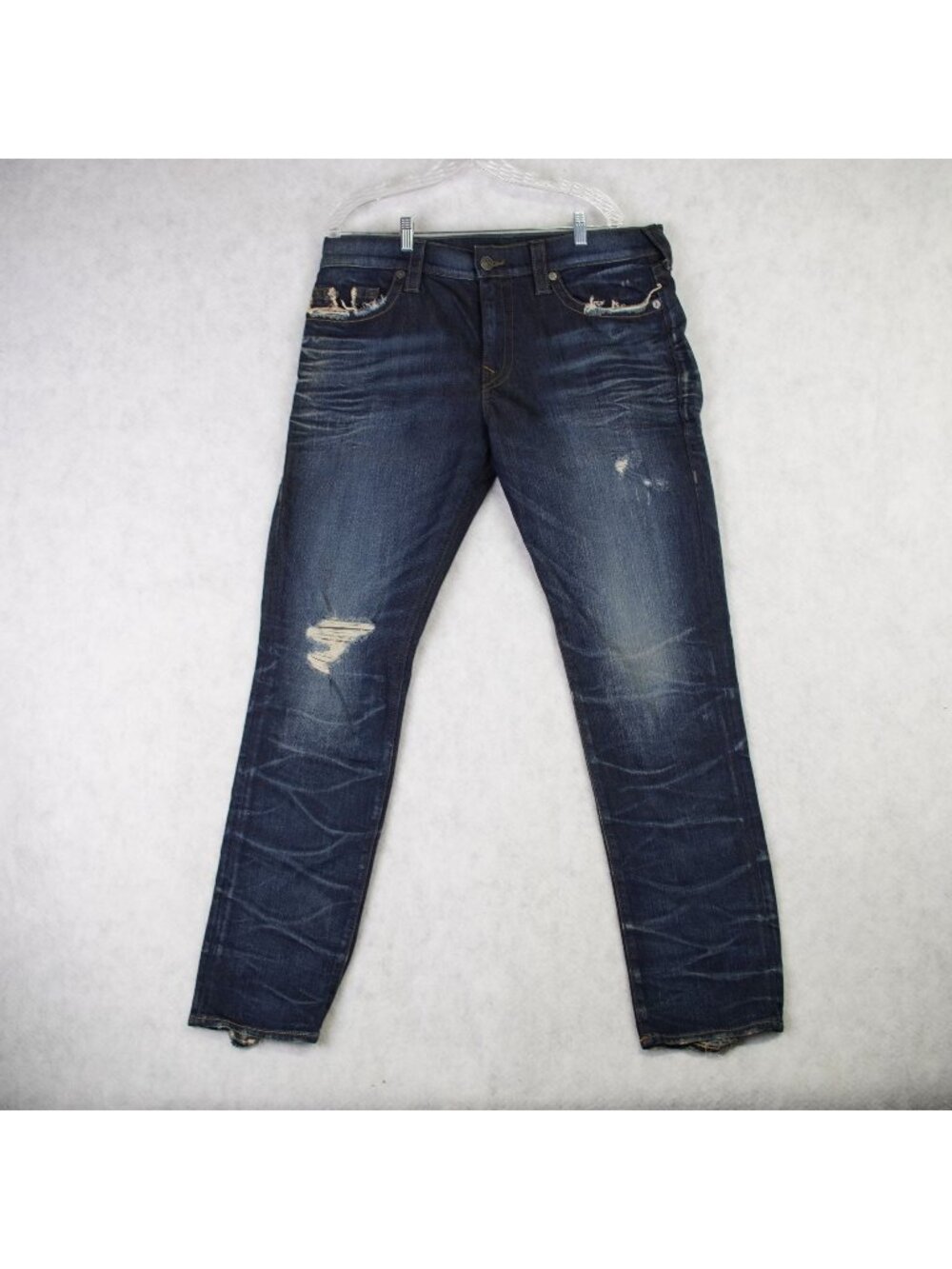 True Religion Mens Ricky Relaxed Straight Distressed Blue Denim Jeans Size 36x33
